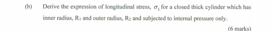 (b) Derive the expression of longitudinal stress, o, for a closed thick cylinder which has inner radius, R, and outer radius,