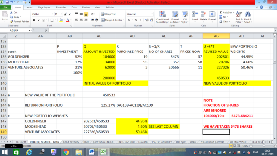 Home nert Page Layout Formulas Data Review View dd-Ins 11.A. A.--- 9- ずWrap Text A lete Format!,AutoSum General Formatz Paste チFormat Painter B l U. ーータ.Δ. -=- 還便困Merge & Center. $,%,,Ma conditional Format Cell Insert Delete Format Formattng as Table styies 2 ClearFe Select Edting Clipboard AG149 03 AC AE AF AG AH AI 132 133 134 stock 135 GOLDFINGER 136 MOOSEHEAD 137 VENTURE ASSOCIATES 138 139 140 141 142 a 143 144 b 145 146 C 147 148 NEW PORTFOLIO INVESTMENT AMOUNT INVESTED PURCHASE PRICE NO OF SHARES 19 95 PRICES NOW REVISED VALUE WEIGHTS 52% 17% 31% 100% 104000 34000 62000 5473 357 20666 202501 20706 227326 44.95% 4.60% 50.46% 37 58 200000 450533 INITIAL VALUE OF PORTFOLIO NEW VALUE OF PORTFOLIO NEW VALUE OF THE PORTFOLIO 450533 NOTE FRACTION OF SHARES ARE IGNORED 104000/19 5473.68421:1 RETURN ON PORTFOLIO 125.27% (AG139-AC139/AC139 NEW PORTFOLIO WEIGHTS GOLDFINGER MOOSEHEAD VENTURE ASSOCIATES 202501/450533 20706/450533 227326/450533 44.95% 4.60% SEE LAST COLUMN 50.46% WE HAVE TAKEN 5473 SHARES 149AS 150 CAPM UTILITY, SHARPE, beta bond covexty DGM port future INDEXINTL CAP BUD LEASING PV, FV, ANNUITY DIR right cleanYIELD bond portfoio cap stru WACC RESI ex 福 130% ае 31-01-2019