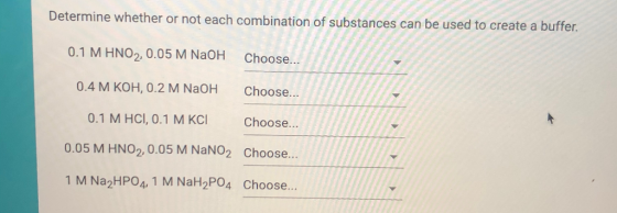 Determine whether or not each combination of substances can be used to create a buffer. 0.1 M HNO2,0.05 M NaOH Choose... 0.4