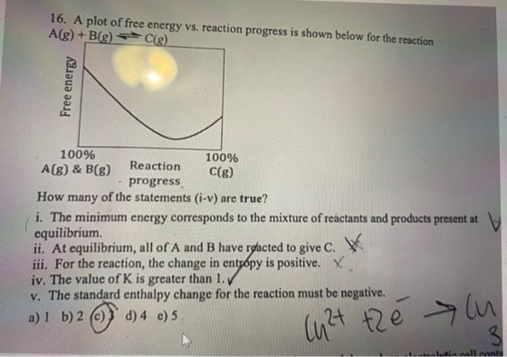 16. A plot of free energy vs. reaction progress is shown below for the reaction Ag) + B(8) C(g) Free energy 100% 100% A(g) &