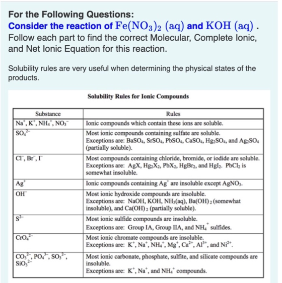 For the Following Questions: Consider the reaction of Fe(NO3)2 (aq) and KOH(aq). Follow each part to find the correct Molecul