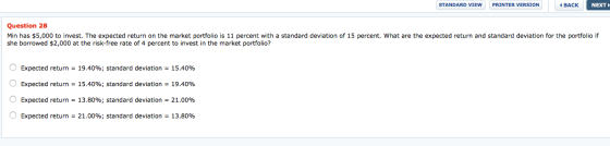 STANDARD VIEW PRINTER VERSION BACK NEXT Question 28 Min has $5,000 to invest. The expected return on the market portfolio is
