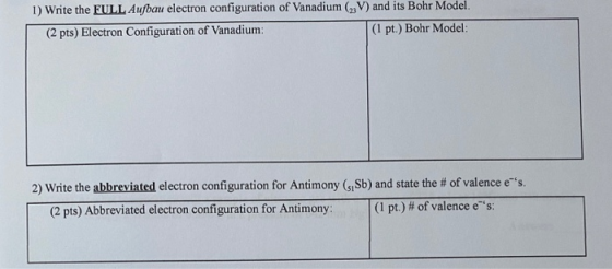 1) Write the FULL Aufbau electron configuration of Vanadium (V) and its Bohr Model (2 pts) Electron Configuration of Vanadium