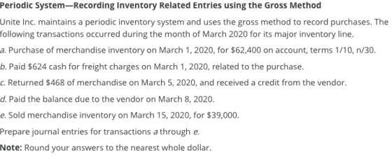 Periodic System-Recording Inventory Related Entries using the Gross Method Unite Inc. maintains a periodic inventory system a