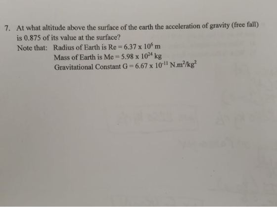 At what altitude above the surface of the carth the acceleration of gravity (free fall) is 0.875 of its value at the surface?