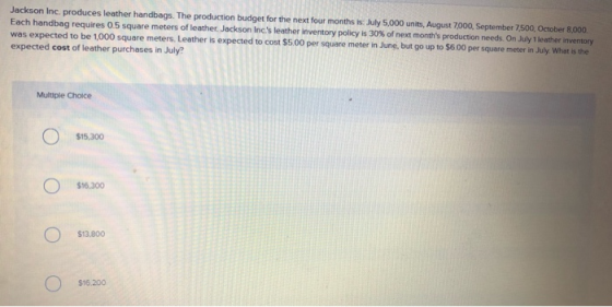 Jackson Inc. produces leather handbags. The production budget for the next four months is: July 5,000 units, August 7000, Sep