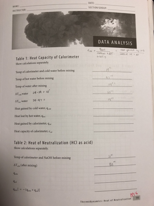 DATE NAME INSTRUCTOR SECTION/GROUP: DATA ANALYSIS Acel Table 1: Heat Capacity of Calorimeter Show calculations separately Tem