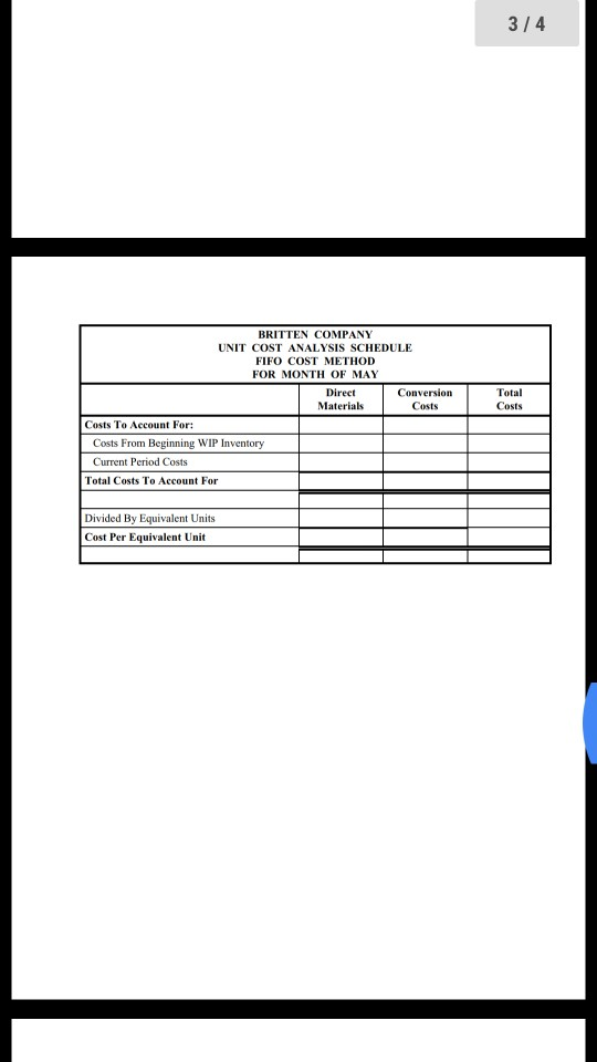 3/4 BRITTEN COMPANY UNIT COST ANALYSIS SCHEDULE FIFO COST METHOD FOR MONTH OF MAY Direct Conversion Materials Costs Costs To