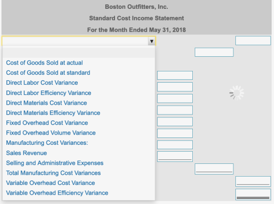 Boston Outfitters, Inc. Standard Cost Income Statement For the Month Ended May 31, 2018 Cost of Goods Sold at actual Cost of