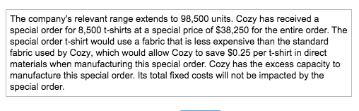 The companys relevant range extends to 98,500 units. Cozy has received a special order for 8,500 t-shirts at a special price