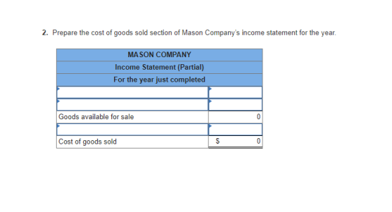 2. Prepare the cost of goods sold section of Mason Companys income statement for the year. MASON COMPANY Income Statement (P