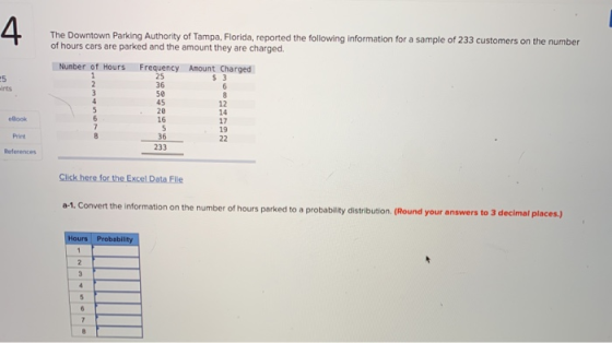 The Downtown Parking Authority of Tampa, Florida, reported the following information for a sample of 233 customers on the num