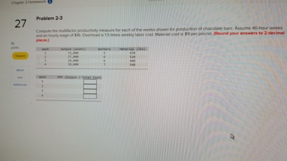 Chapter 2 Homework 27 Problem 2-3 Compute the multifactor productivity measure for each of the weeks shown for production of chocolate bars. Assume 40-hour weeks and an hourly wage of $16. Overhead is 1.5 times weekly labor cost Material cost is $9 per pound. (Round your answers to 2 decimal places.) 10 week Output (units)WorkersMaterial (lbs) 32,900 37,800 28,800 38,8e0 470 520 480 580 (Output/ Total Cost)