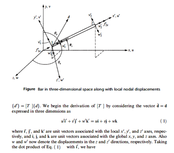 y, v x, W2 vi- fix, X, U z, W Figure Bar in three-dimensional space along with local nodal displacements {d} = [1 ]{d}. We