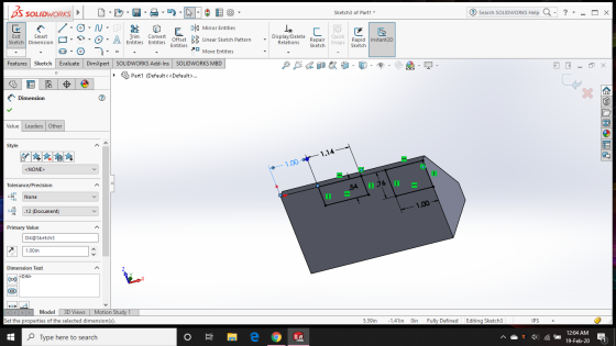 Sketch3 of Part1 * Search SOLIDWORKS Help Q- ?- - O X BS SOLIDWORKS E poi Display/Delete Repair Quick Exit Smart Sketch Dimen