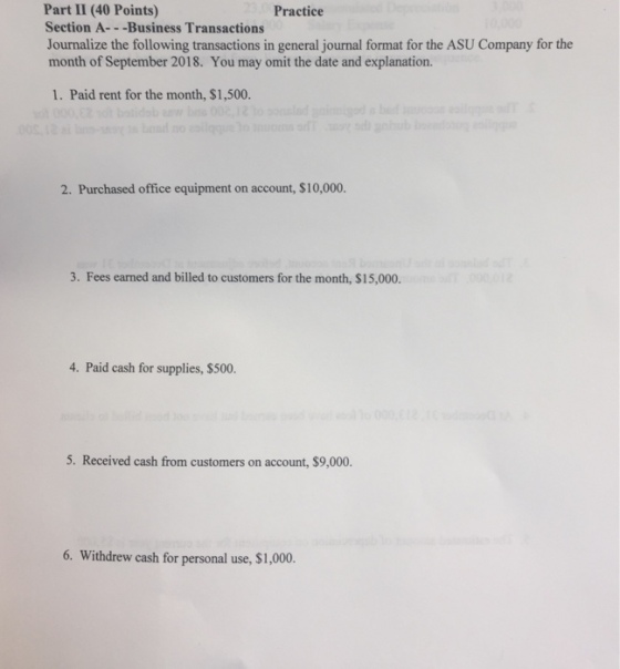 Part II (40 Points) Section A---Business Transactions Journalize the following transactions in general journal format for the ASU Company for the month of September 2018. You may omit the date and explanation. Practice 1. Paid rent for the month, $1,500. 2. Purchased office equipment on account, $10,000. 3. Fees earned and billed to customers for the month, $15,000. 4. Paid cash for supplies, $500. 5. Received cash from customers on account, $9,000. 6. Withdrew cash for personal use, $1,000