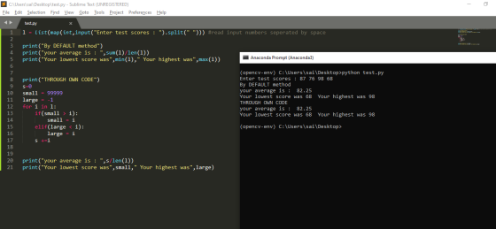 E C:\Users\sai Desktop\test.py - Sublime Text (UNREGISTERED) Eile Edit Selection Find View Goto Tools Project Preferences Hel