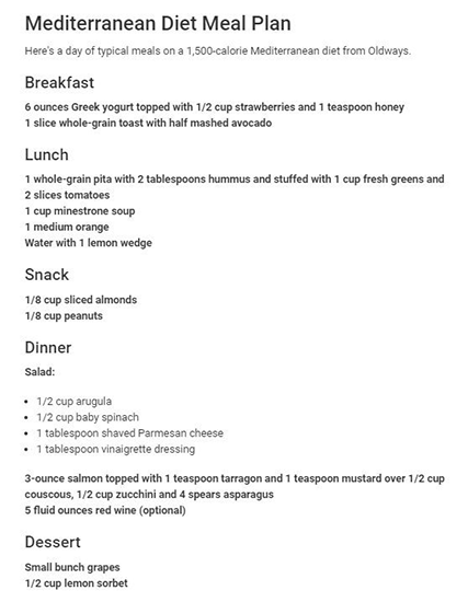 Mediterranean Diet Meal Plan Heres a day of typical meals on a 1,500-calorie Mediterranean diet from Oldways. Breakfast 6 ou