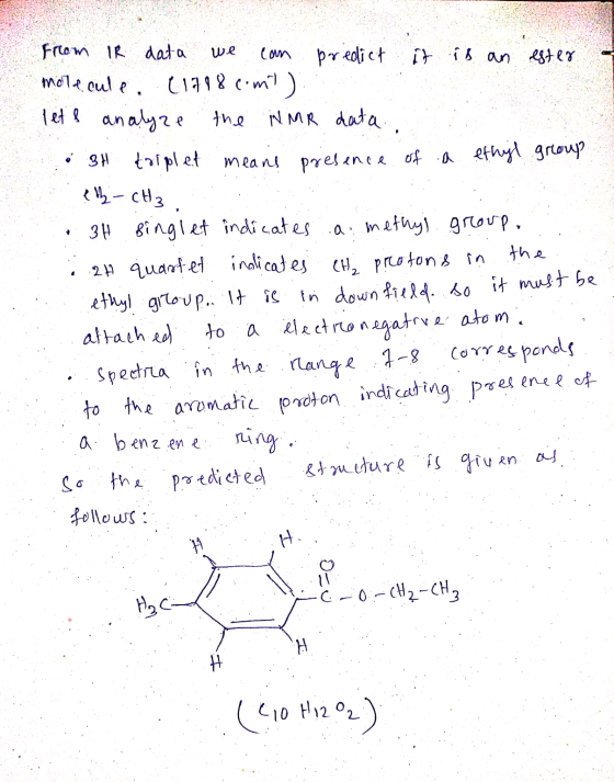 we can From IR data predict it is an ester molecule. (1798.com)) let & analyze the NMR data. • 3H triplet means presence of a