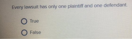 Every lawsuit has only one plaintiff and one defendant. True False