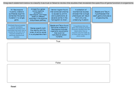 Drag each statement below to classify it as true or false to review the studies that revealed the specifics of gene function