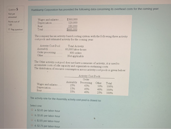 Huelskamp Corporation has provided the following data concerning its overhead costs for the coming year. Question 5 Not yet a