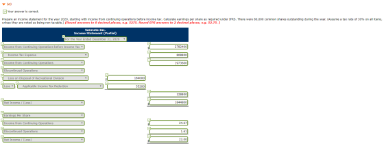 (a) Your answer is correct. Prepare an income statement for the year 2020, starting with income from continuing operations be