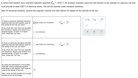 A certain half-reaction has a standard reduction potential Ered = +0.03 V. An engineer proposes using this half-reaction at t