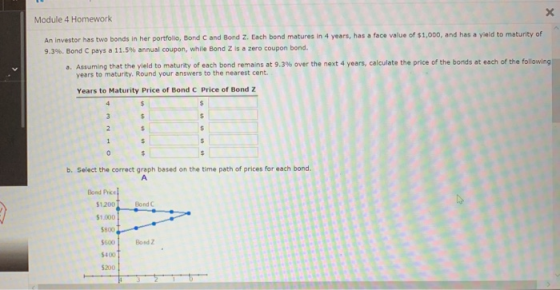X Module 4 Homework An investor has two bonds in her portfolo, Bond C and Bond Z. Each bond matures in 4 years, has a face va