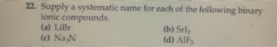 22. 5upply a systematic name for cach of the following binary ionic compounds. (a) LiBr ( Na N (b) Srl, (d) AlF