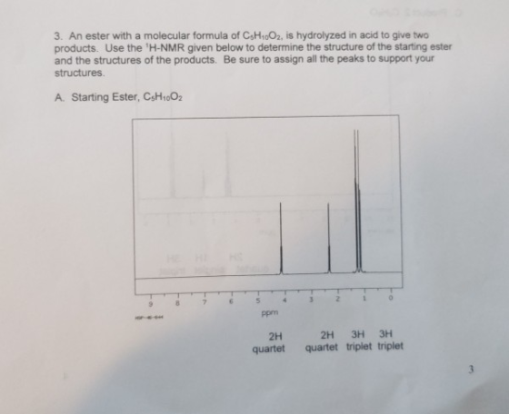 3. An ester with a molecular formula of CH1002, is hydrolyzed in acid to give two products. Use the H-NMR given below to det