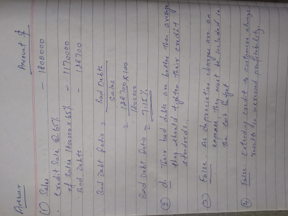 Arswer Ancount & /fooooo O . Sales Credit Sale @ 65% of sales 1800000 x 65% Bad Debts - - 1170000 128700 Bad Debt Ratio a 2 -