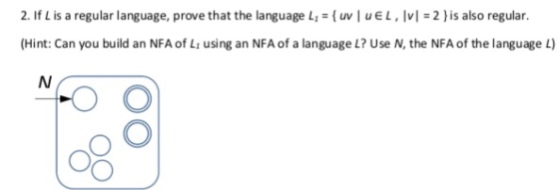 2. If L is a regular language, prove that the language 11 = { uv/ u E 1 , |v|-2) is also regular. (Hint: Can you build an NFA of L1 using an NFA of a language L? Use N, the NFA of the language L)
