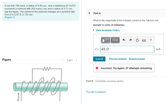 A coil with 136 turns, a radius of 5.00 cm, and a resistance of 13.92 surrounds a solenoid with 255 turns/cm and a radius of