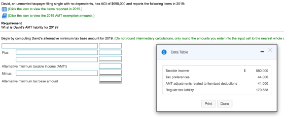 David, an unmarried taxpayer filing single with no dependents, has AGI of $690,000 and reports the following items in 2019: B