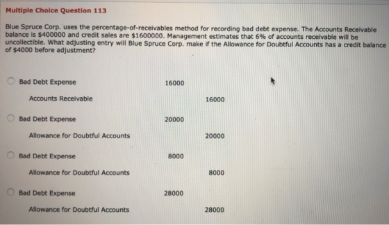 Multiple Choice Question 113 Blue Spruce Corp. uses the percentage-of-receivables method for recording bad debt expense. The