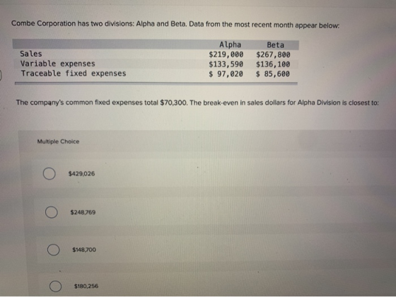 Combe Corporation has two divisions: Alpha and Beta. Data from the most recent month appear below: Sales Variable expenses Tr