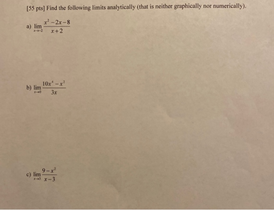[55 pts) Find the following limits analytically (that is neither graphically nor numerically). a) lim x² – 2x- 8 x+2 b) lim 1