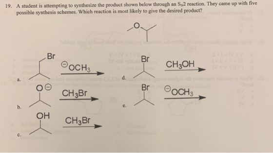 A student is attempting to synthes ize the product shown below through an Sy2 reaction. They came up with five possible synth