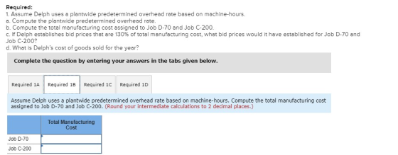 Required: 1. Assume Delph uses a plantwide predetermined overhead rate based on machine-hours. a. Compute the plantwide prede