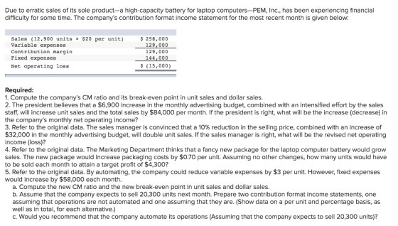 Due to erratic sales of its sole product-a high-capacity battery for laptop computers-PEM, Inc., has been experiencing financ