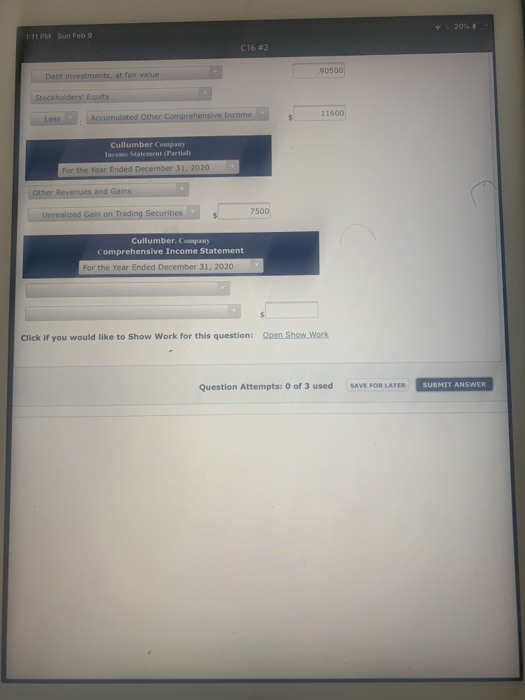 20% 1:11 PM Sun Feb 9 90500 Debt investments at falt value Stockholders Equity 11600 Less Accumulated Other Comprehensive In