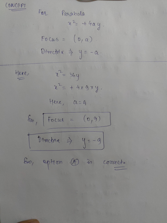 CONCEPT CONCEPT For Parabola x2 = +4ay. Focus = (0,a) Directrix > y = - a. on Here, x = 3by x² = + 4xgx y. Here, a=a. Focus =