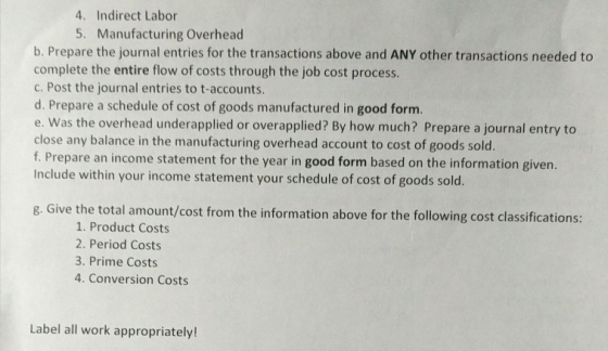 4. Indirect Labor 5. Manufacturing Overhead b. Prepare the journal entries for the transactions above and ANY other transacti
