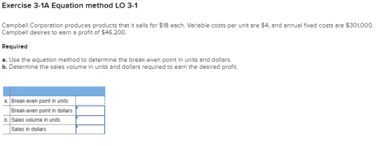 Exercise 3-1A Equation method LO 3-1 Campbell Corporation produces products that it sells for $18 each. Variable costs per un