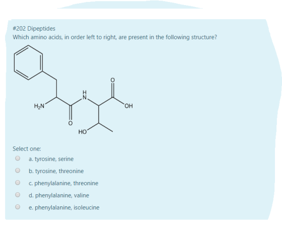 #202 Dipeptides Which amino acids, in order left to right, are present in the following structure? HN OH Select one: O a. tyr