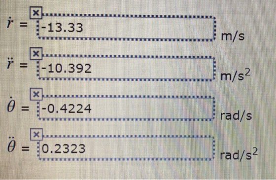 -13.33 m/s X -10.392 m/s2 0 =7-0.4224 rad/s 7 = 0.2323 rad/s2