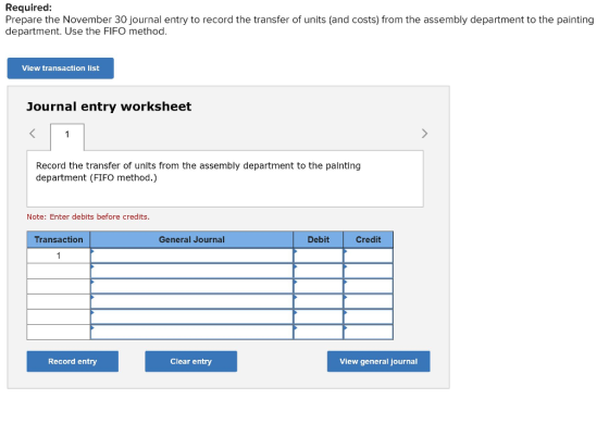 Required Prepare the November 30 journal entry to record the transfer of units (and costs) from the assembly department to the painting department. Use the FIFO method View transaction list Journal entry worksheet Record the transfer of units from the assembly department to the palnting department (FIFO method.) Note: Enter debits before credits. Transaction General Journal Debit Credit Record entry Clear entry View general journal