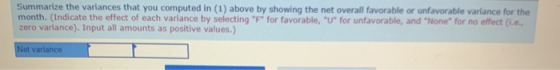 Summarize the variances that you computed in (1) above by showing the net overall favorable or unfavorable varlance for the m