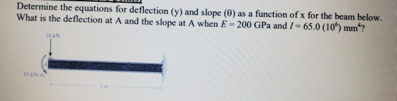 Determine the equations for deflection (y) and slope (0) as a function of x for the beam below. What is the deflection at A a
